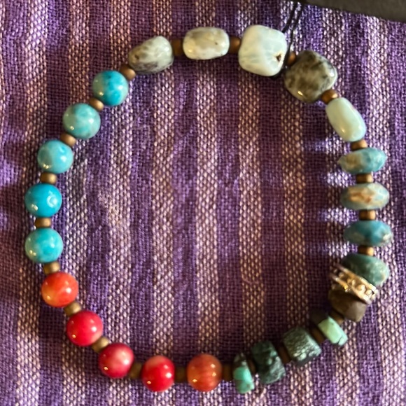 Hand-made semi-precious gemstone bracelet. Larimar, Coral, Turquoise. - Picture 2 of 5
